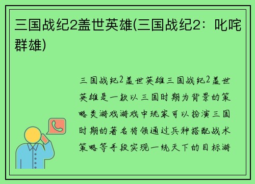 三国战纪2盖世英雄(三国战纪2：叱咤群雄)